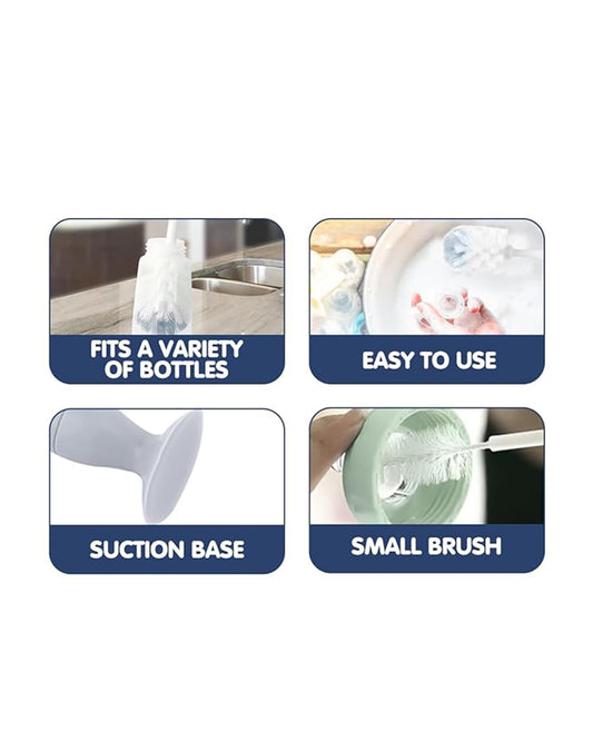 Hopop 2 in 1 Bottle & Nipple Cleaning Brush Set-Grooved Handle With Suction Base-Flexible Bristles-Comfortable Grip-Grey