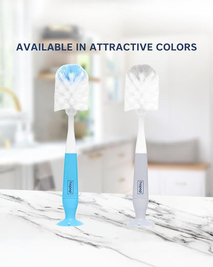 Hopop 2 in 1 Bottle & Nipple Cleaning Brush Set-Grooved Handle With Suction Base-Flexible Bristles-Comfortable Grip-Grey