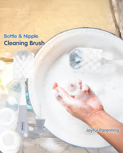 Hopop 2 in 1 Bottle & Nipple Cleaning Brush Set-Grooved Handle With Suction Base-Flexible Bristles-Comfortable Grip-Grey