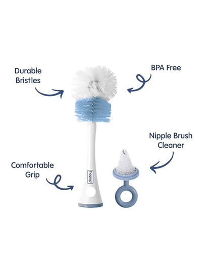 Hopop 2 in 1 Bottle & Nipple Cleaning Brush Set-Grooved Handle With Easy Hanging Storage-Durable Bristles-Comfortable Grip-Blue