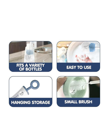 Hopop 2 in 1 Bottle & Nipple Cleaning Brush Set-Grooved Handle With Easy Hanging Storage-Durable Bristles-Comfortable Grip-Blue