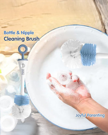 Hopop 2 in 1 Bottle & Nipple Cleaning Brush Set-Grooved Handle With Easy Hanging Storage-Durable Bristles-Comfortable Grip-Blue