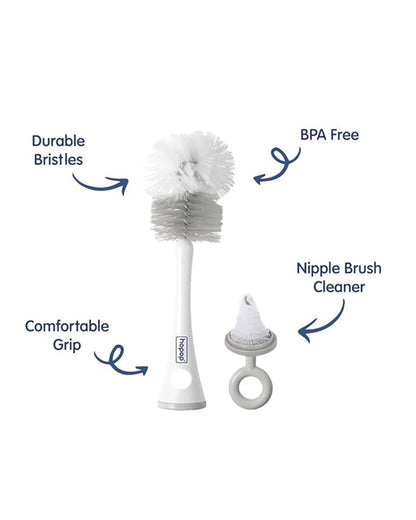 Hopop 2 in 1 Bottle & Nipple Cleaning Brush Set-Grooved Handle With Easy Hanging Storage-Durable Bristles-Comfortable Grip-Grey