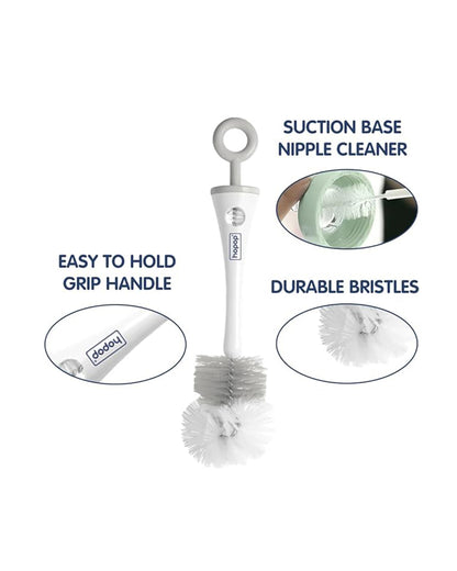 Hopop 2 in 1 Bottle & Nipple Cleaning Brush Set-Grooved Handle With Easy Hanging Storage-Durable Bristles-Comfortable Grip-Grey