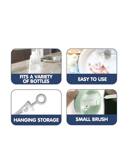 Hopop 2 in 1 Bottle & Nipple Cleaning Brush Set-Grooved Handle With Easy Hanging Storage-Durable Bristles-Comfortable Grip-Grey