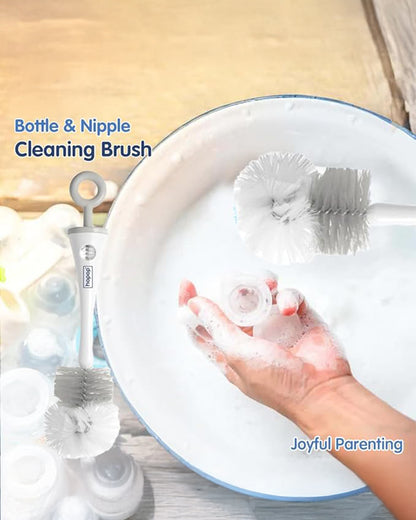 Hopop 2 in 1 Bottle & Nipple Cleaning Brush Set-Grooved Handle With Easy Hanging Storage-Durable Bristles-Comfortable Grip-Grey