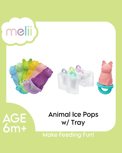Melii 6 Piece Animal Ice Pops With Tray-Feeding Accessories-BPA Free Silicone Moulds-Multicolor-6M+
