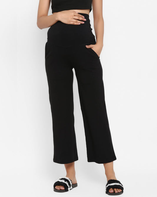 Wobbly Walk Black Maternity Wide Leg Pant-Solid Color-Cotton-Loose Fit-Bump Friendly