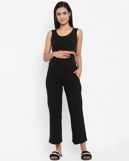 Wobbly Walk Black Maternity Wide Leg Pant-Solid Color-Cotton-Loose Fit-Bump Friendly