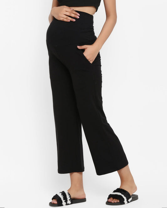 Wobbly Walk Black Maternity Wide Leg Pant-Solid Color-Cotton-Loose Fit-Bump Friendly