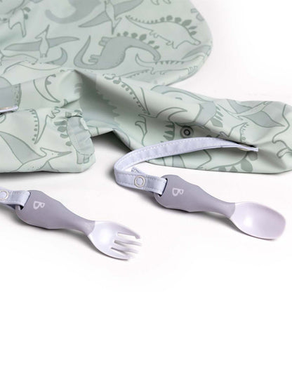 Bibado Handi Cutlery-Attachable Weaning Spoon & Fork Set-Dino Roar Mist-For Infants