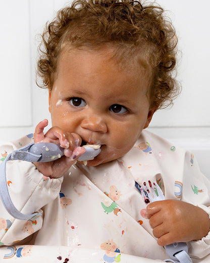 Bibado Handi Cutlery-Attachable Weaning Spoon & Fork Set-Dino Roar Mist-For Infants