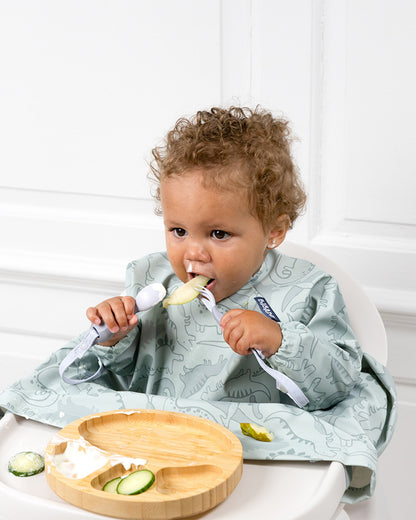 Bibado Handi Cutlery-Attachable Weaning Spoon & Fork Set-Dino Roar Mist-For Infants