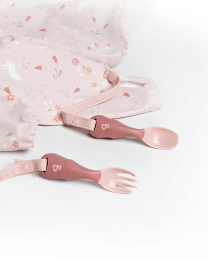 Bibado Handi Cutlery-Attachable Weaning Spoon & Fork Set-Botanical Bunnies Blush-For Infants