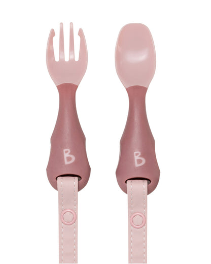 Bibado Handi Cutlery-Attachable Weaning Spoon & Fork Set-Botanical Bunnies Blush-For Infants