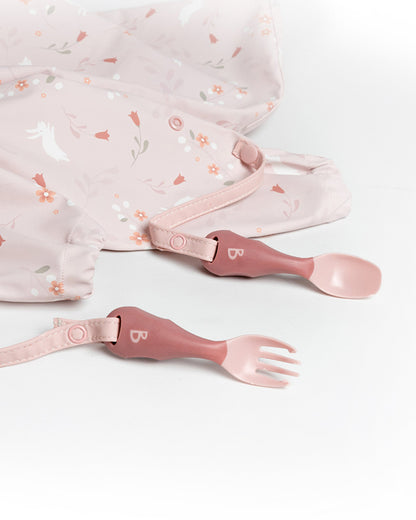 Bibado Handi Cutlery-Attachable Weaning Spoon & Fork Set-Botanical Bunnies Blush-For Infants
