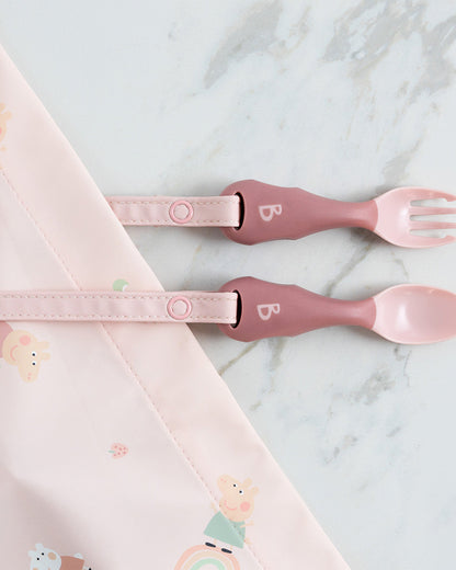 Bibado Handi Cutlery-Attachable Weaning Spoon & Fork Set-Botanical Bunnies Blush-For Infants