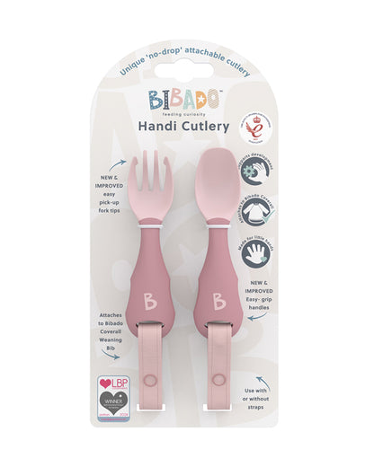 Bibado Handi Cutlery-Attachable Weaning Spoon & Fork Set-Botanical Bunnies Blush-For Infants