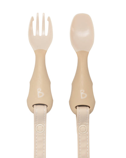 Bibado Handi Cutlery-Attachable Weaning Spoon & Fork Set-Serengeti Spaghetti Fawn-For Infants