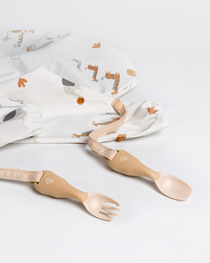 Bibado Handi Cutlery-Attachable Weaning Spoon & Fork Set-Serengeti Spaghetti Fawn-For Infants