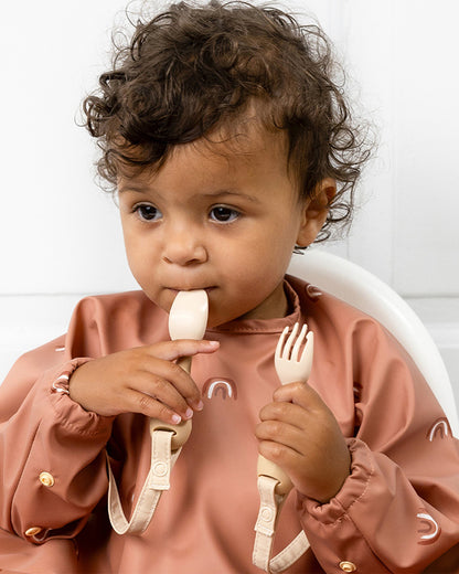 Bibado Handi Cutlery-Attachable Weaning Spoon & Fork Set-Serengeti Spaghetti Fawn-For Infants