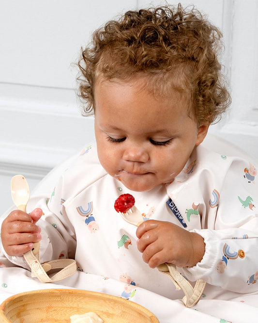 Bibado Divider Plate & Handi Cutlery Meal Set-Attachable Weaning Spoon & Fork-Encourages Self Feeding-Pack of 2-Fawn