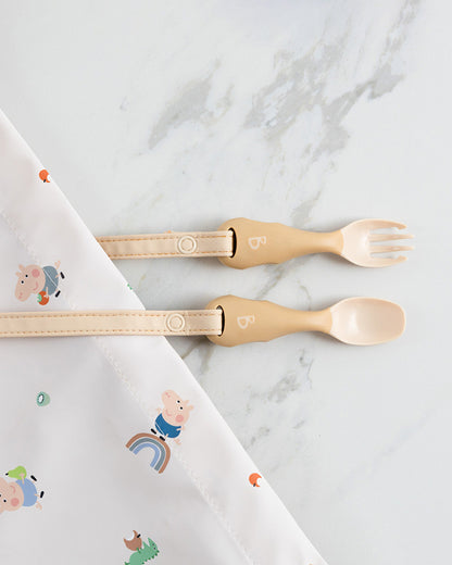 Bibado Handi Cutlery-Attachable Weaning Spoon & Fork Set-Serengeti Spaghetti Fawn-For Infants