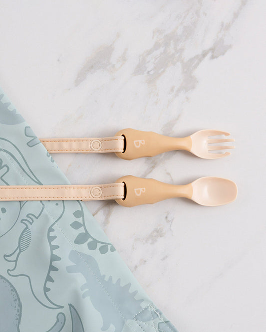 Bibado Divider Plate & Handi Cutlery Meal Set-Attachable Weaning Spoon & Fork-Encourages Self Feeding-Pack of 2-Fawn