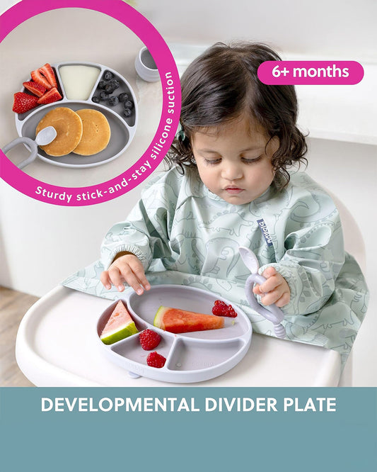 Bibado Divider Plate & Handi Cutlery Meal Set-Attachable Weaning Spoon & Fork-Encourages Self Feeding-Pack of 2-Mist