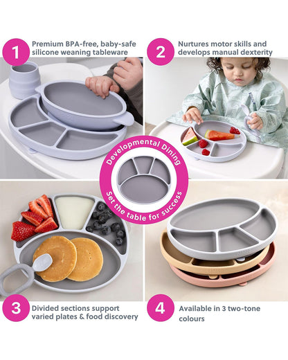 Bibado Divider Plate & Handi Cutlery Meal Set-Attachable Weaning Spoon & Fork-Encourages Self Feeding-Pack of 2-Mist