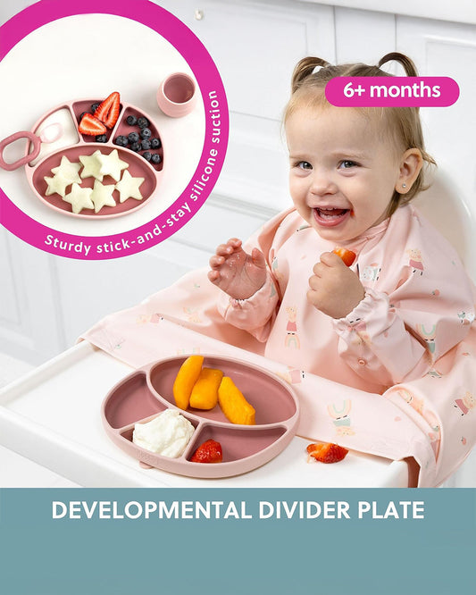 Bibado Divider Plate & Handi Cutlery Meal Set-Attachable Weaning Spoon & Fork-Encourages Self Feeding-Pack of 2-Blush