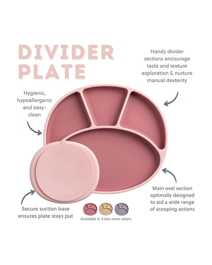 Bibado Divider Plate & Handi Cutlery Meal Set-Attachable Weaning Spoon & Fork-Encourages Self Feeding-Pack of 2-Blush