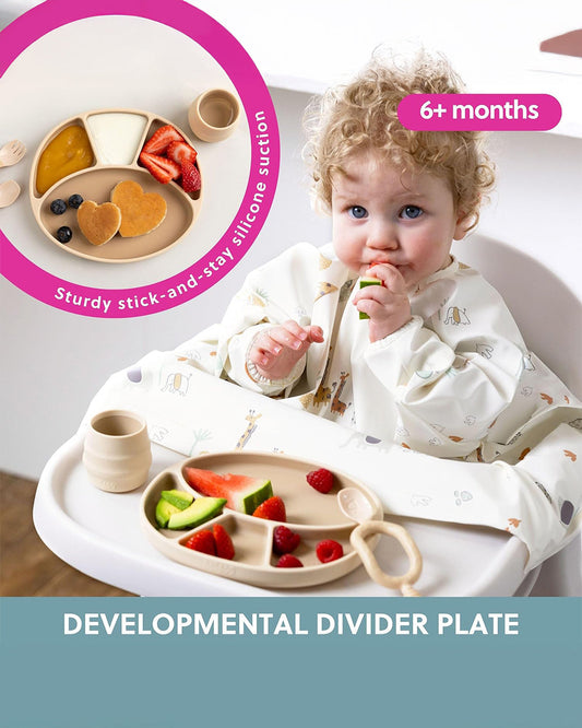 Bibado Divider Plate & Handi Cutlery Meal Set-Attachable Weaning Spoon & Fork-Encourages Self Feeding-Pack of 2-Fawn
