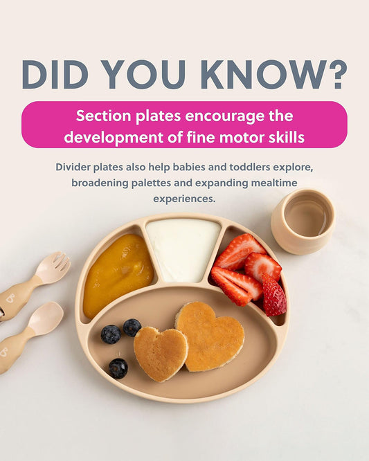 Bibado Divider Plate & Handi Cutlery Meal Set-Attachable Weaning Spoon & Fork-Encourages Self Feeding-Pack of 2-Fawn