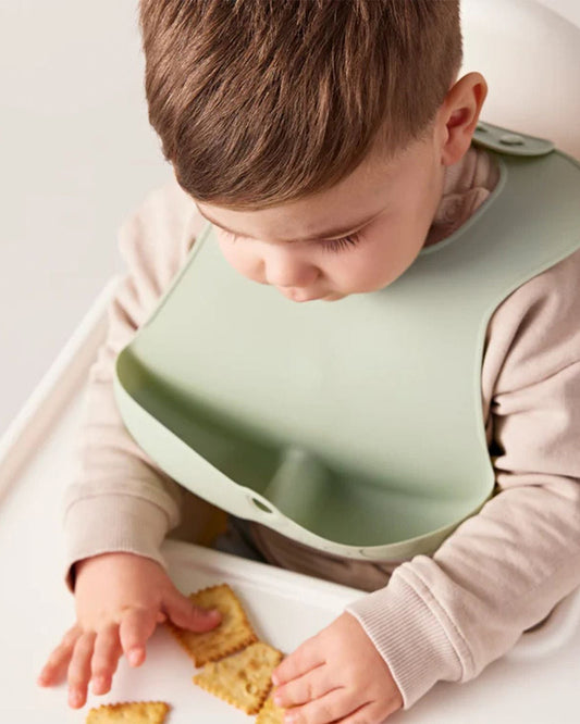 b.box Silicone Bib-Crumb Catcher-Adjustable Neck Closure-Snap Button-Sage-For Infants