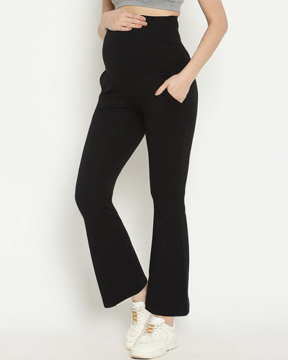 Wobbly Walk Black Maternity Trouser-Solid Color-Cotton-Boot Cut-Bump Friendly