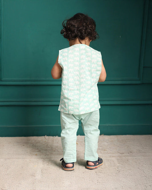 Polka Tots Light green Jhabla Set-Elephant Print-Cotton-For Infants