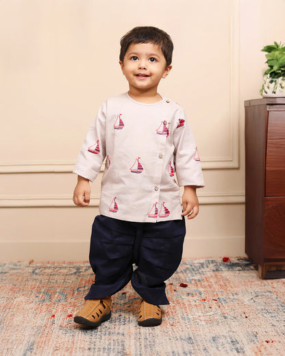 Polka Tots Grey & Blue Angrakha Dhoti Set-Embroidered-Cotton-For Infants