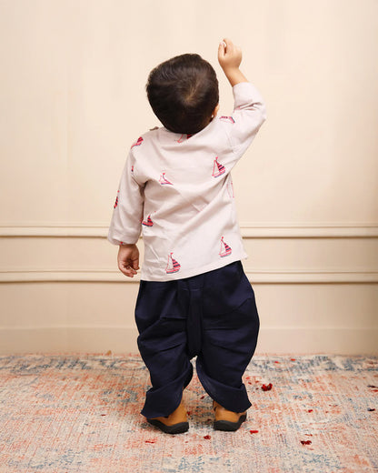 Polka Tots Grey & Blue Angrakha Dhoti Set-Embroidered-Cotton-For Infants