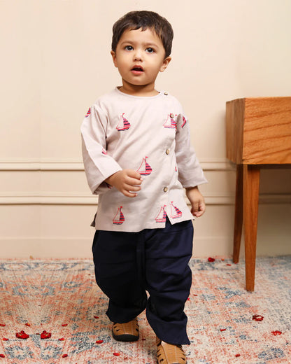 Polka Tots Grey & Blue Angrakha Dhoti Set-Embroidered-Cotton-For Infants