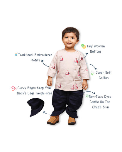 Polka Tots Grey & Blue Angrakha Dhoti Set-Embroidered-Cotton-For Infants