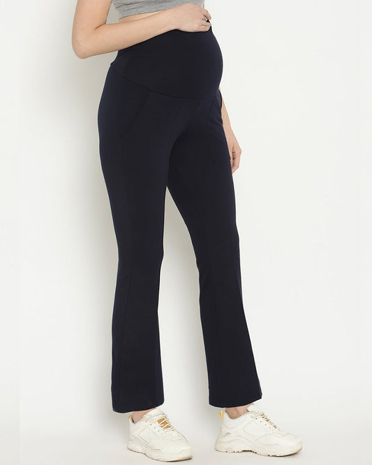 Wobbly Walk Navy Blue Maternity Trouser-Solid Color-Cotton-Boot Cut-Bump Friendly