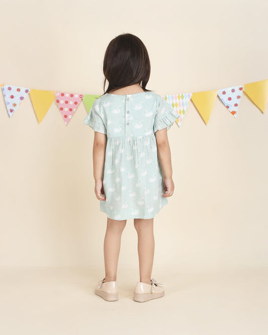 Polka Tots Pastel Green Frock with Headband-Swan Print-Cotton Muslin-For Infants