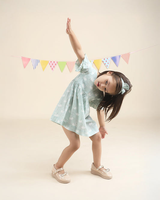 Polka Tots Pastel Green Frock with Headband-Swan Print-Cotton Muslin-For Infants