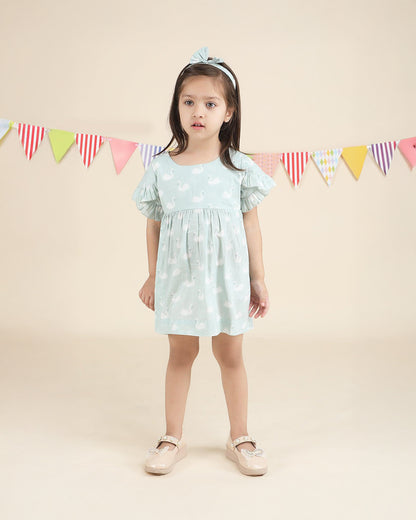 Polka Tots Pastel Green Frock with Headband-Swan Print-Cotton Muslin-For Infants