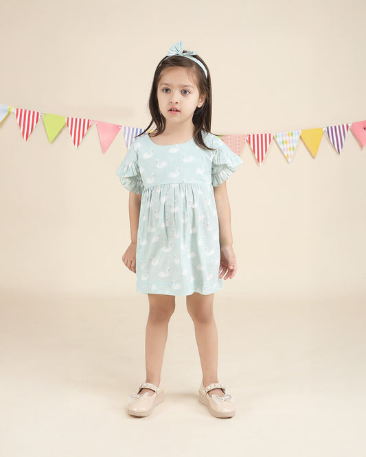 Polka Tots Pastel Green Frock with Headband-Swan Print-Cotton Muslin-For Infants