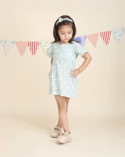 Polka Tots Pastel Green Frock with Headband-Swan Print-Cotton Muslin-For Infants