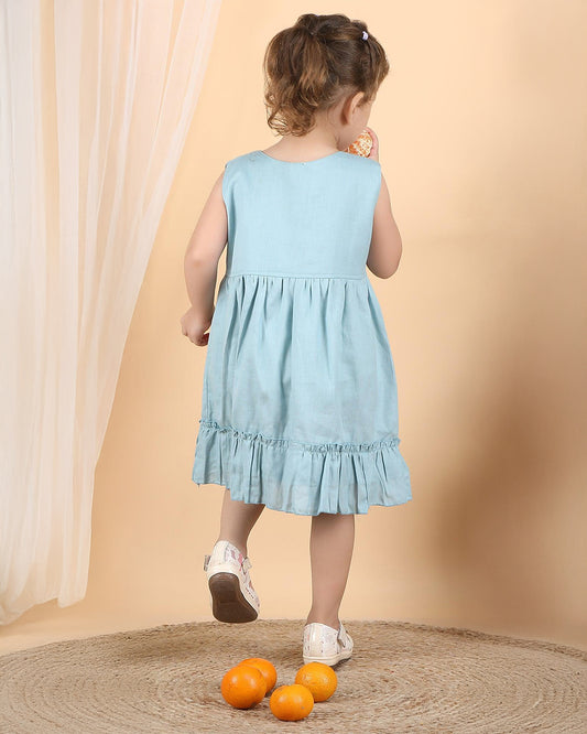Polka Tots Blue Frock with Headband-Solid-Cotton Muslin-For Infants