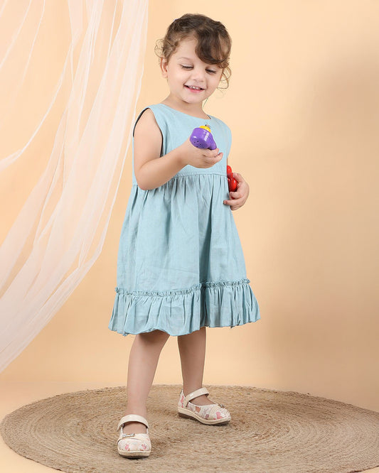 Polka Tots Blue Frock with Headband-Solid-Cotton Muslin-For Infants