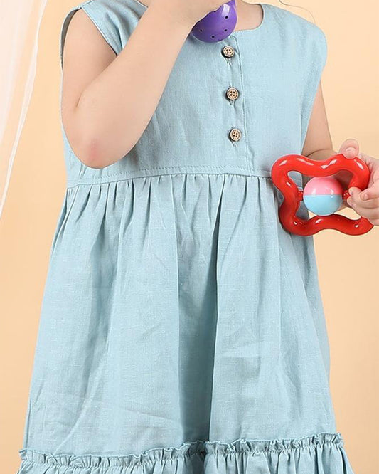 Polka Tots Blue Frock with Headband-Solid-Cotton Muslin-For Infants
